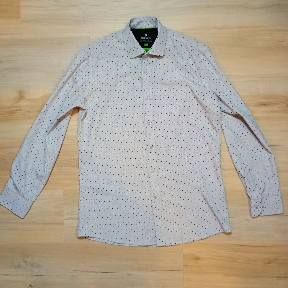 Tom Baine Performance Shirt Mens S Small Slim Fit White Black Polka Dot Stretch